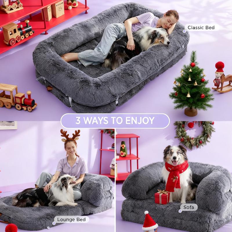 Luxury Warm Foldable 3-in-1 Human Dog Bed for Adults – Cozy Fluffy Faux Fur Lounge Sofa with Orthopedic Support
