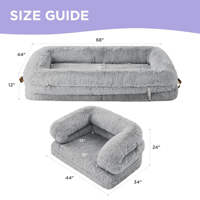 Luxury Warm Foldable 3-in-1 Human Dog Bed for Adults – Cozy Fluffy Faux Fur Lounge Sofa with Orthopedic Support