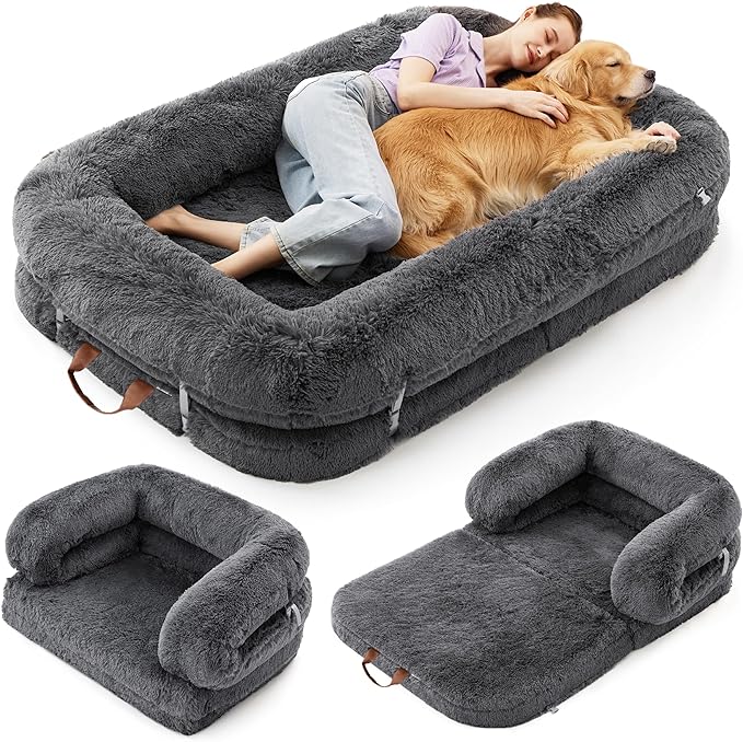 Luxury Warm Foldable 3-in-1 Human Dog Bed for Adults – Cozy Fluffy Faux Fur Lounge Sofa with Orthopedic Support